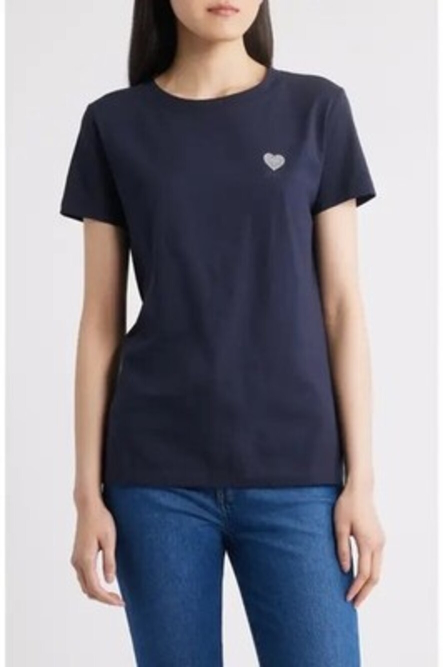 BOSS Crystal Cotton T-Shirt Women's Small Dark Blue Short Sleeve Crew Neck